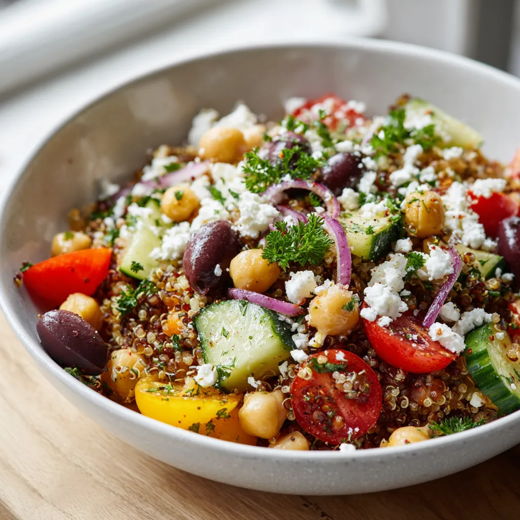 Bright and Colorful Mediterranean Quinoa Bowl with Fresh Vegetables and Lemon Herb Dressing